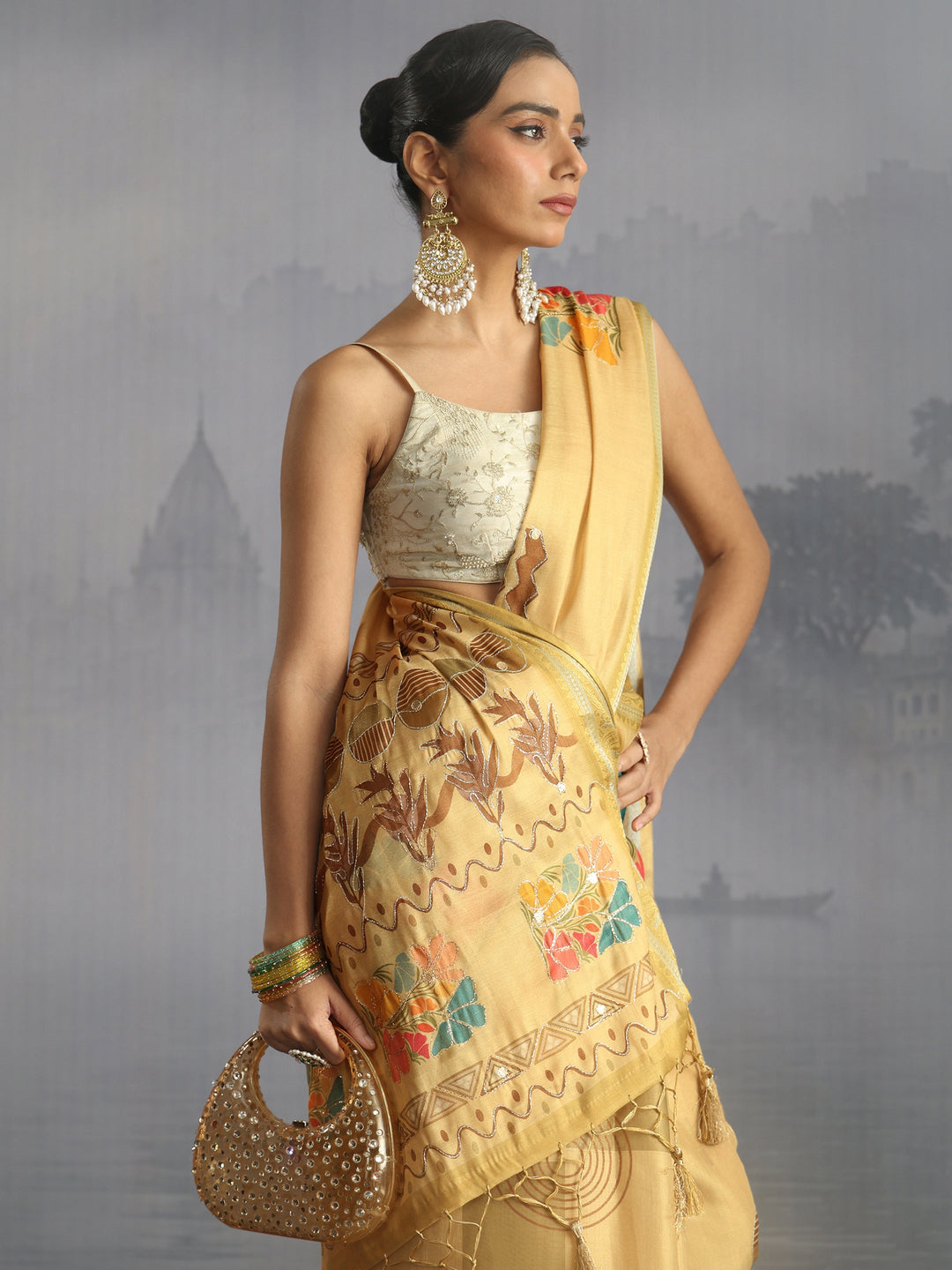 Libas Beige Floral Printed Silk Blend Tassel Saree
