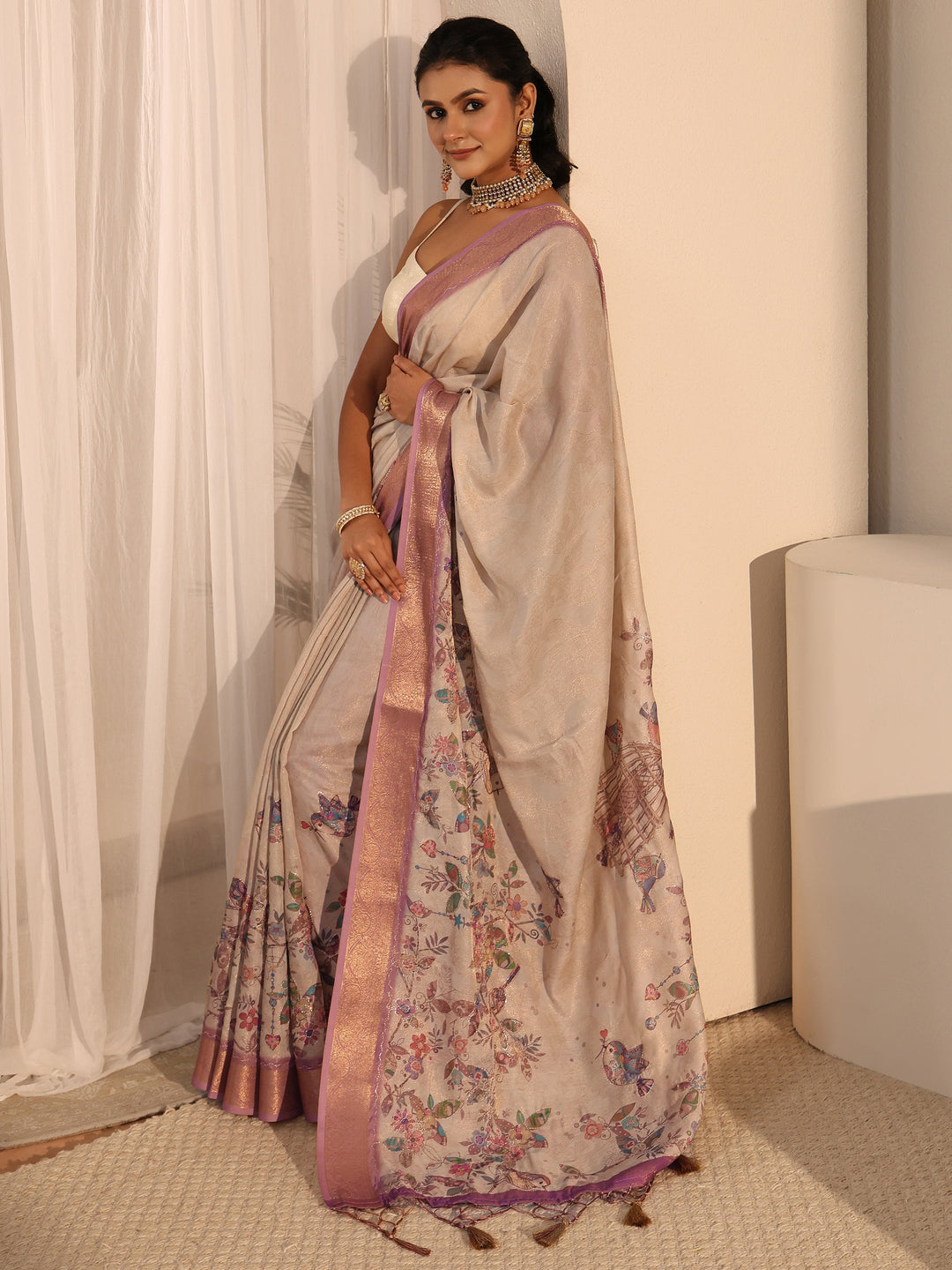 Libas Beige Floral Printed Silk Blend Tassel Saree with Woven Border