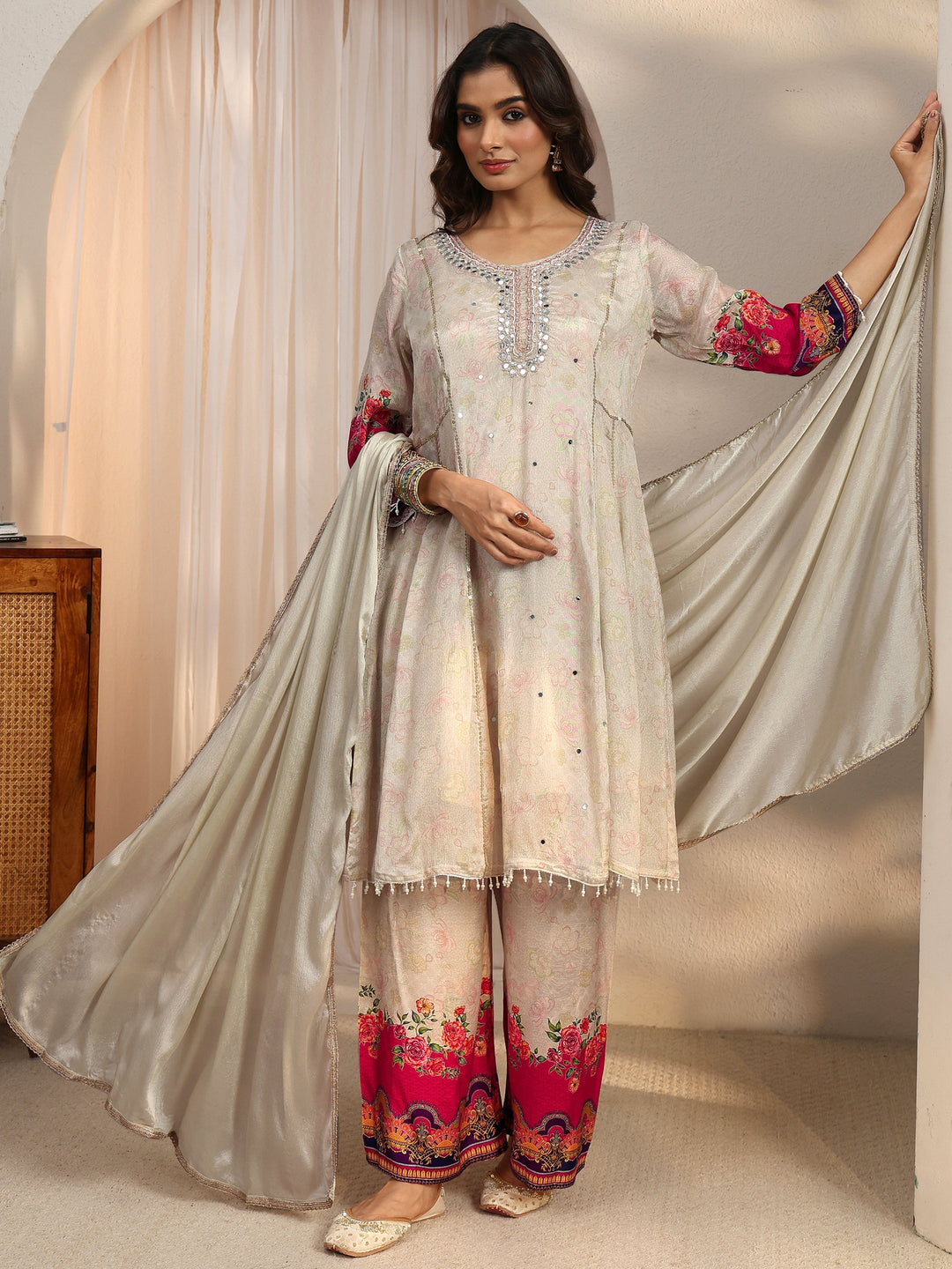 Libas Beige Floral Woven Design Chinon A-Line Suit Set