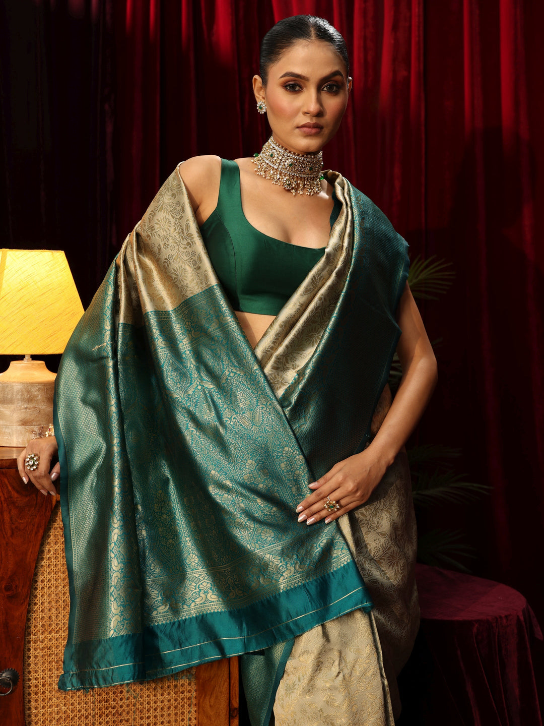Libas Beige Floral Woven Design Silk Blend Saree