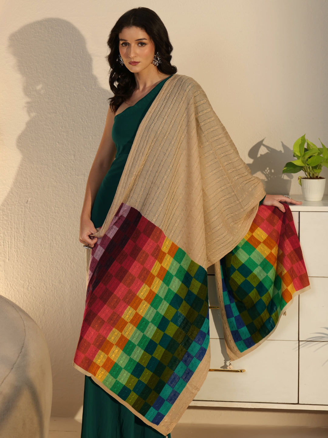  Libas Beige Geometric Knitted Acrylic Shawl 