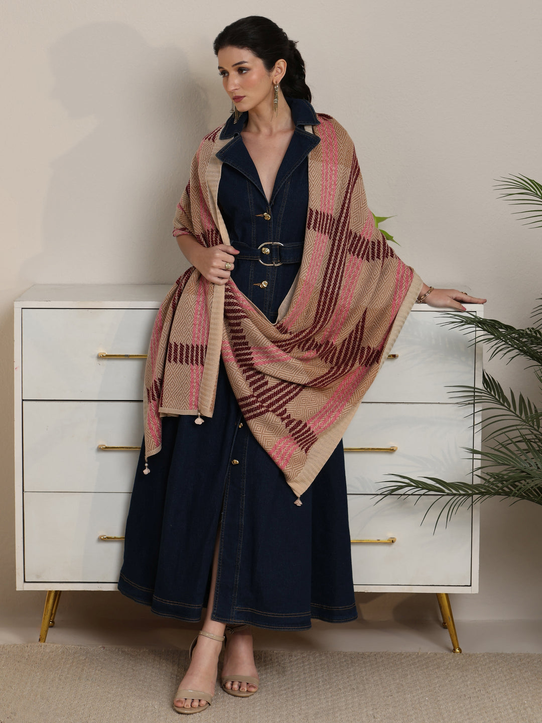  Libas Beige Geometric Knitted Acrylic Shawl 