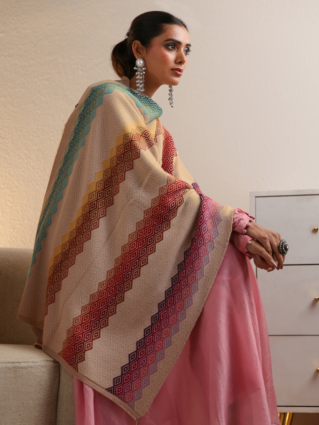 Libas Beige Geometric Knitted Acrylic Wrap Shawl