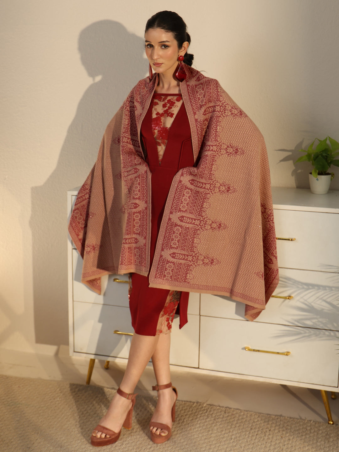  Libas Beige Knitted Acrylic Wrap Shawl 