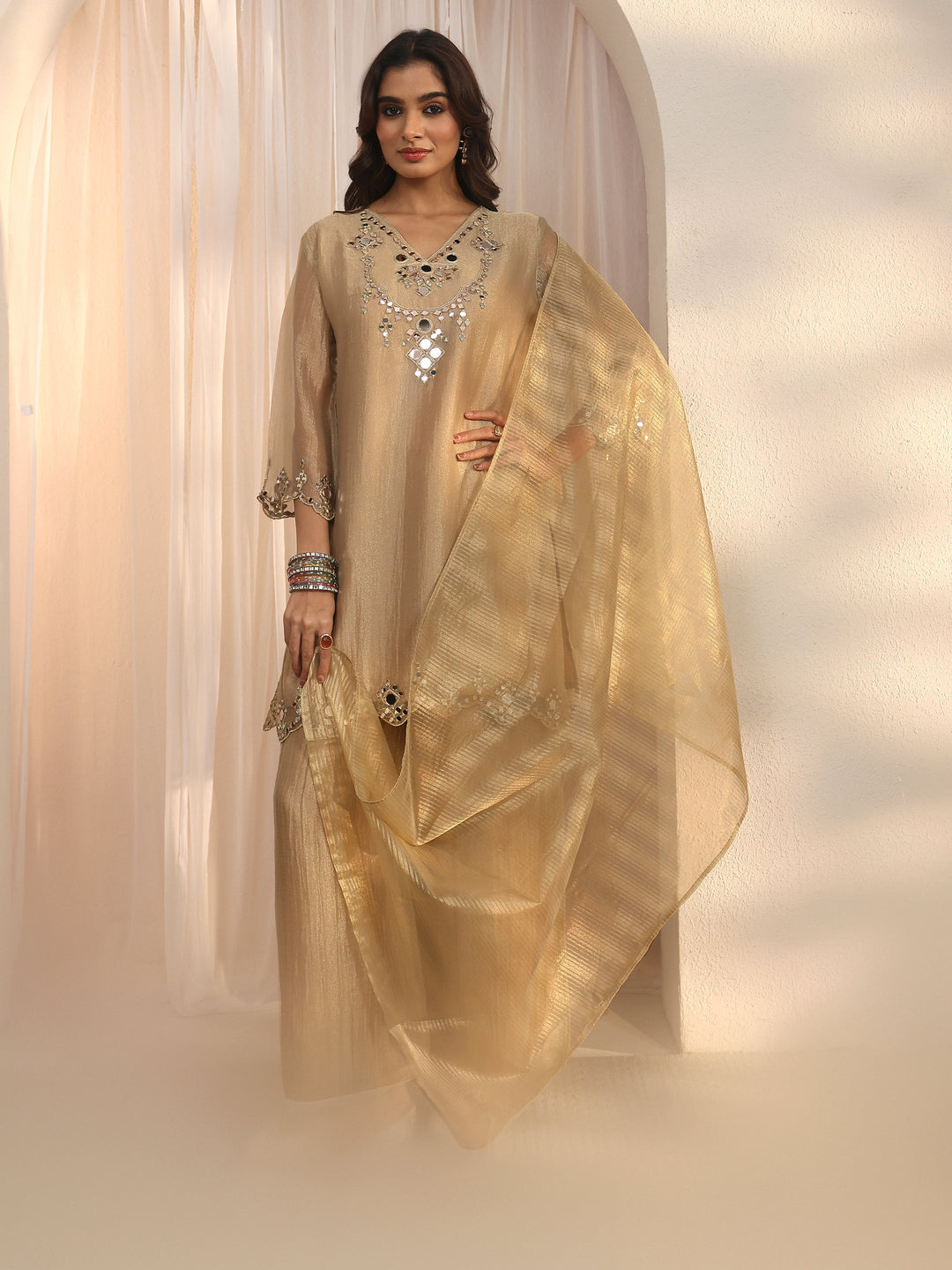 Libas Beige Mirror Work Embellished Tissue Palazzo Suit Set