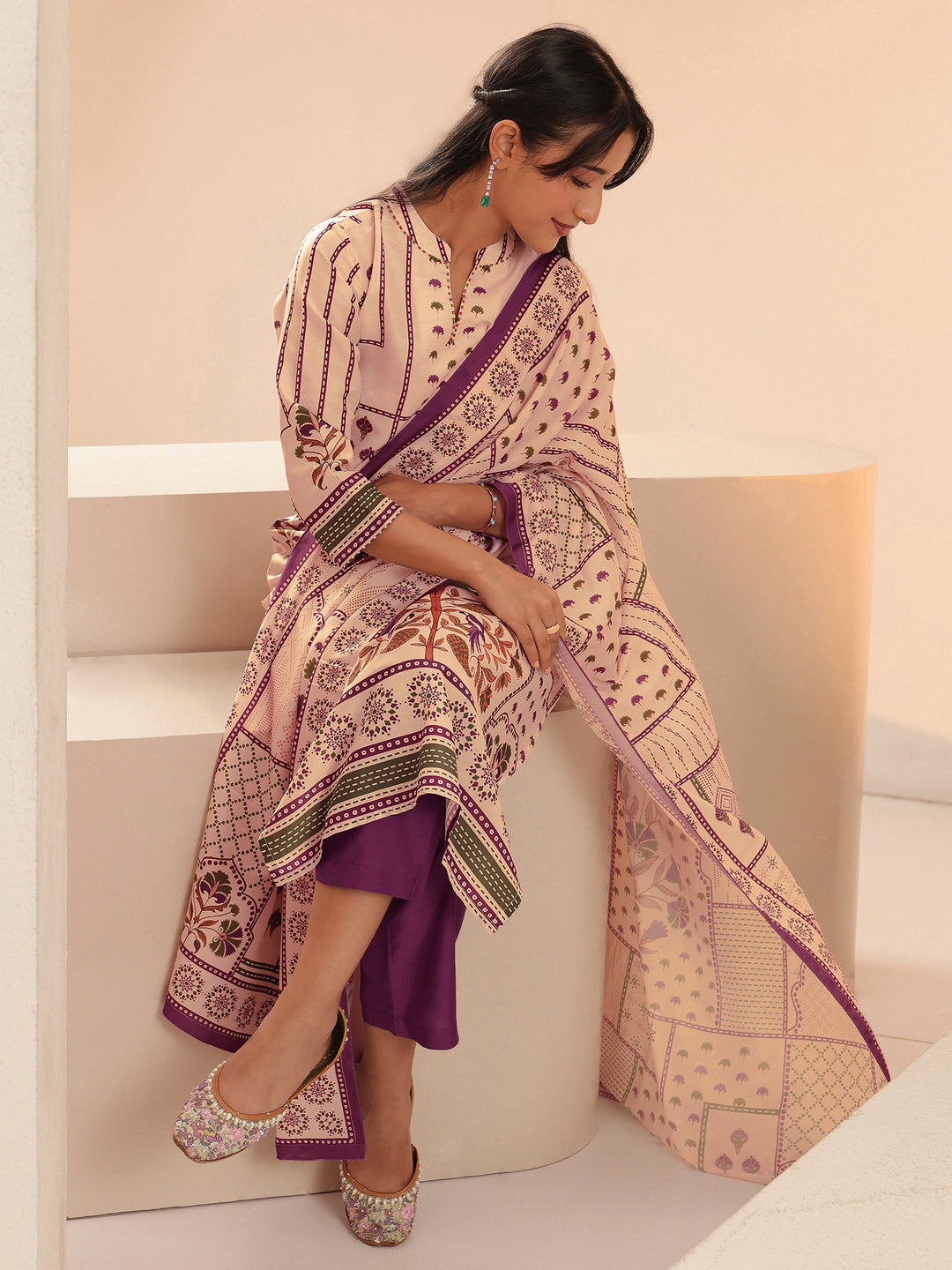  Libas Beige Mughal Floral Printed Muslin Straight Suit Set 