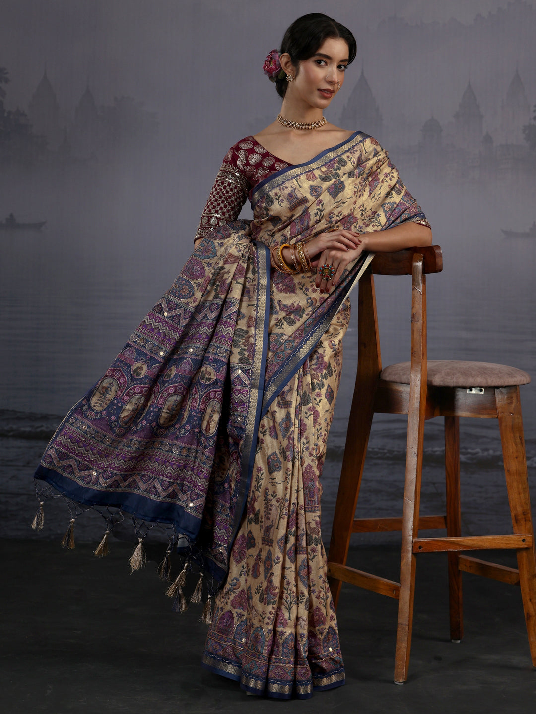 Libas Beige Mughal Printed Silk Blend Saree