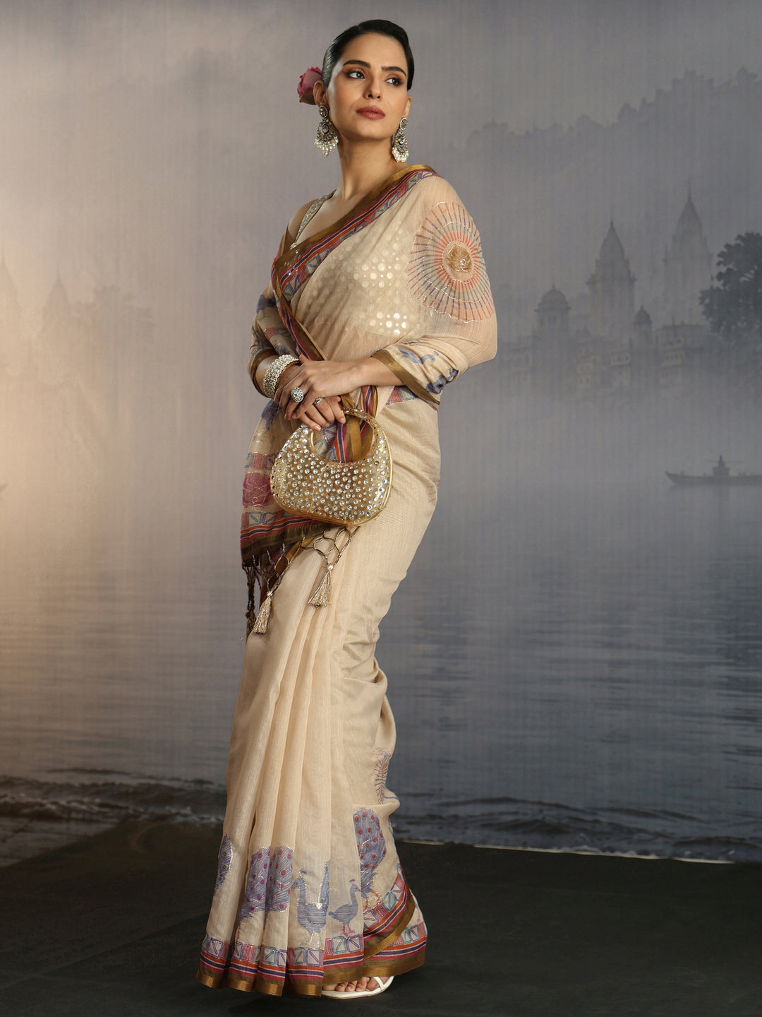 Libas Beige Peacock Printed Silk Blend Tassel Saree