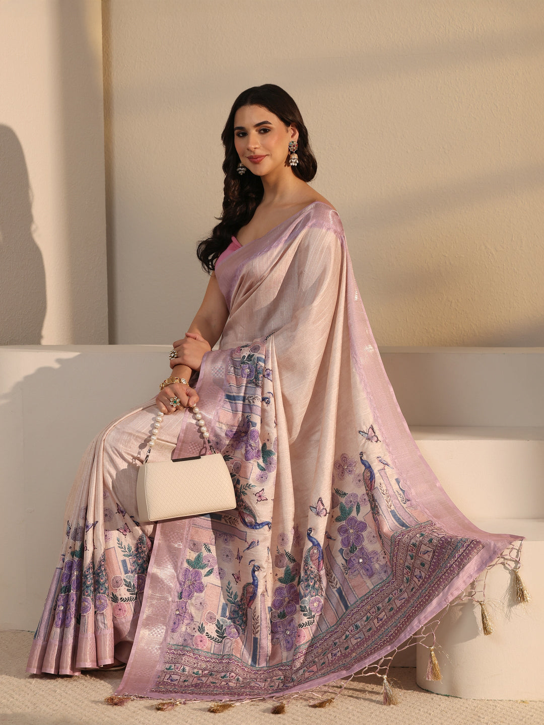 Libas Beige Peacock Silk Blend Tassel Saree with Woven Border