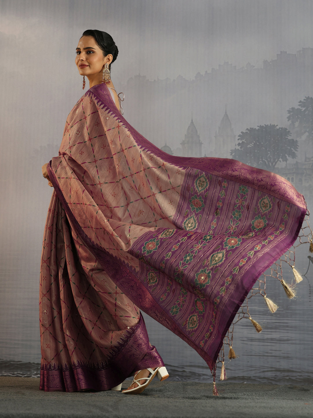  Libas Beige Printed Woven Design Pallu Silk Blend Tassel Saree 