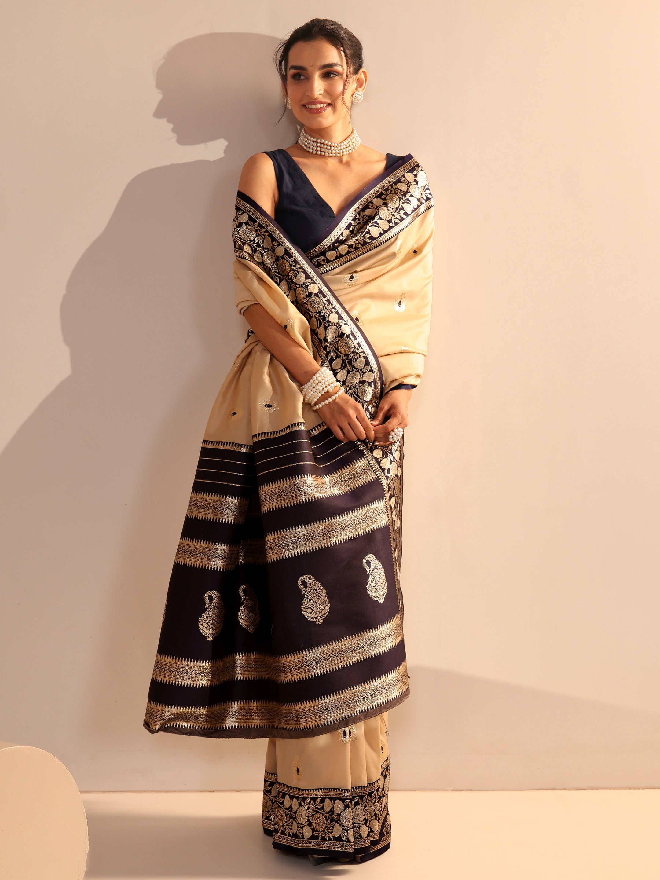 Libas Beige Woven Design Silk Blend Saree-picture-37