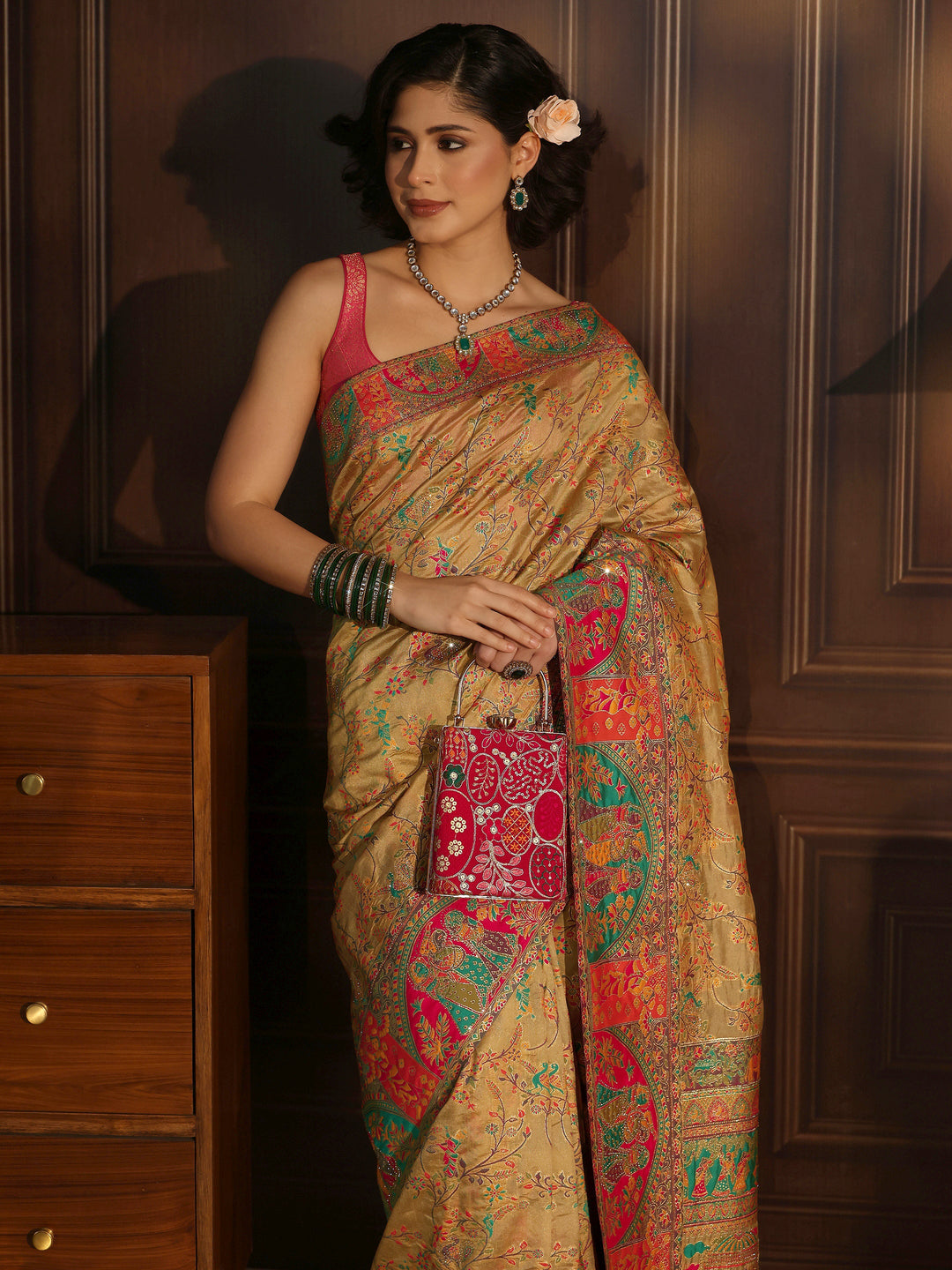 Libas Beige Woven Design Silk Blend Saree with Embroidered Border