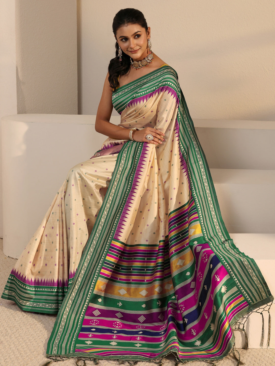  Libas Beige Woven Design Silk Blend Tassel Saree with Colour Block Pallu 