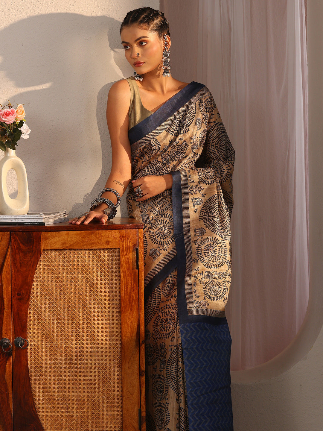  Libas Beige and Blue Warli Printed Silk Blend Tassel Saree 