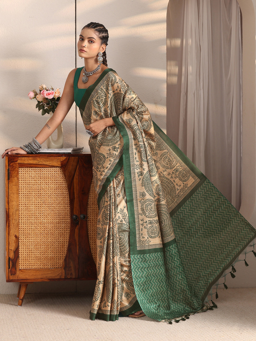  Libas Beige and Green Warli Printed Silk Blend Tassel Saree 