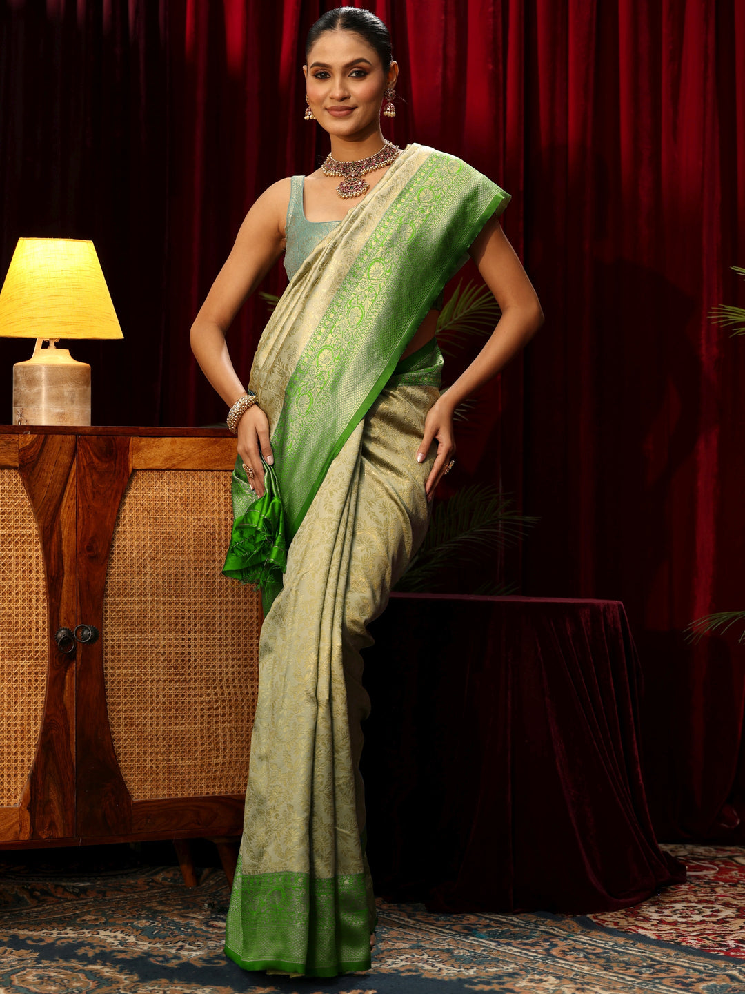  Libas Beige and Green Woven Design Silk Blend Saree 