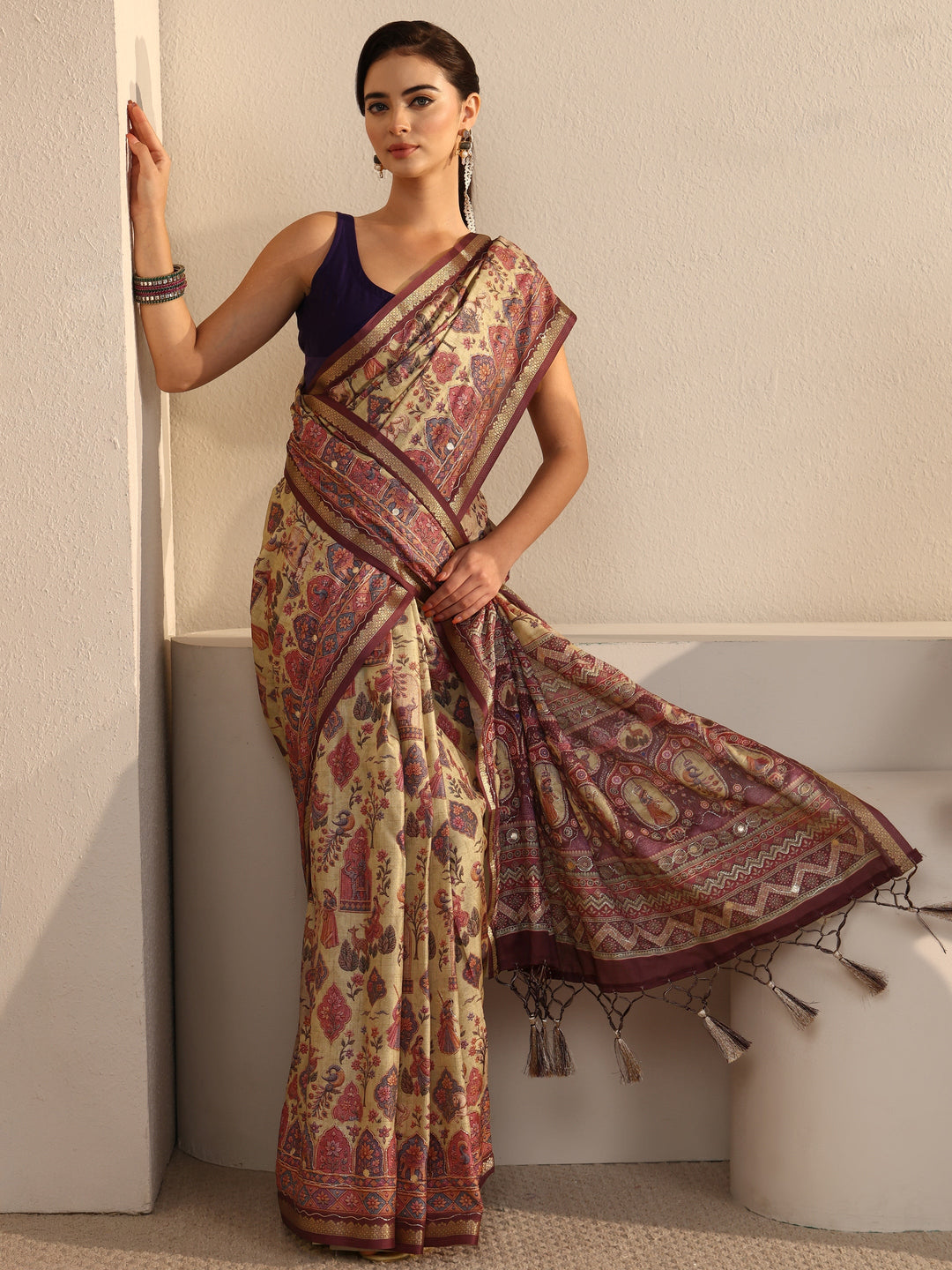 Libas Beige and Mauve Ethnic Printed Silk Blend Tassel Saree