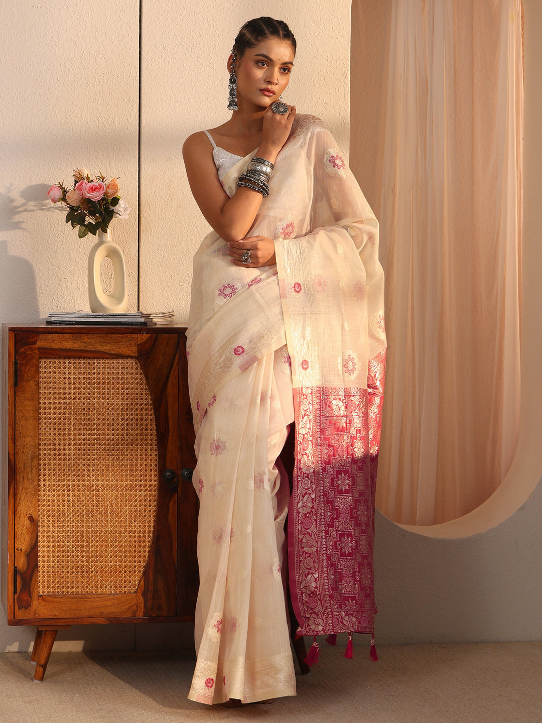  Libas Beige and Pink Floral Woven Design Silk Blend Tassel Saree 