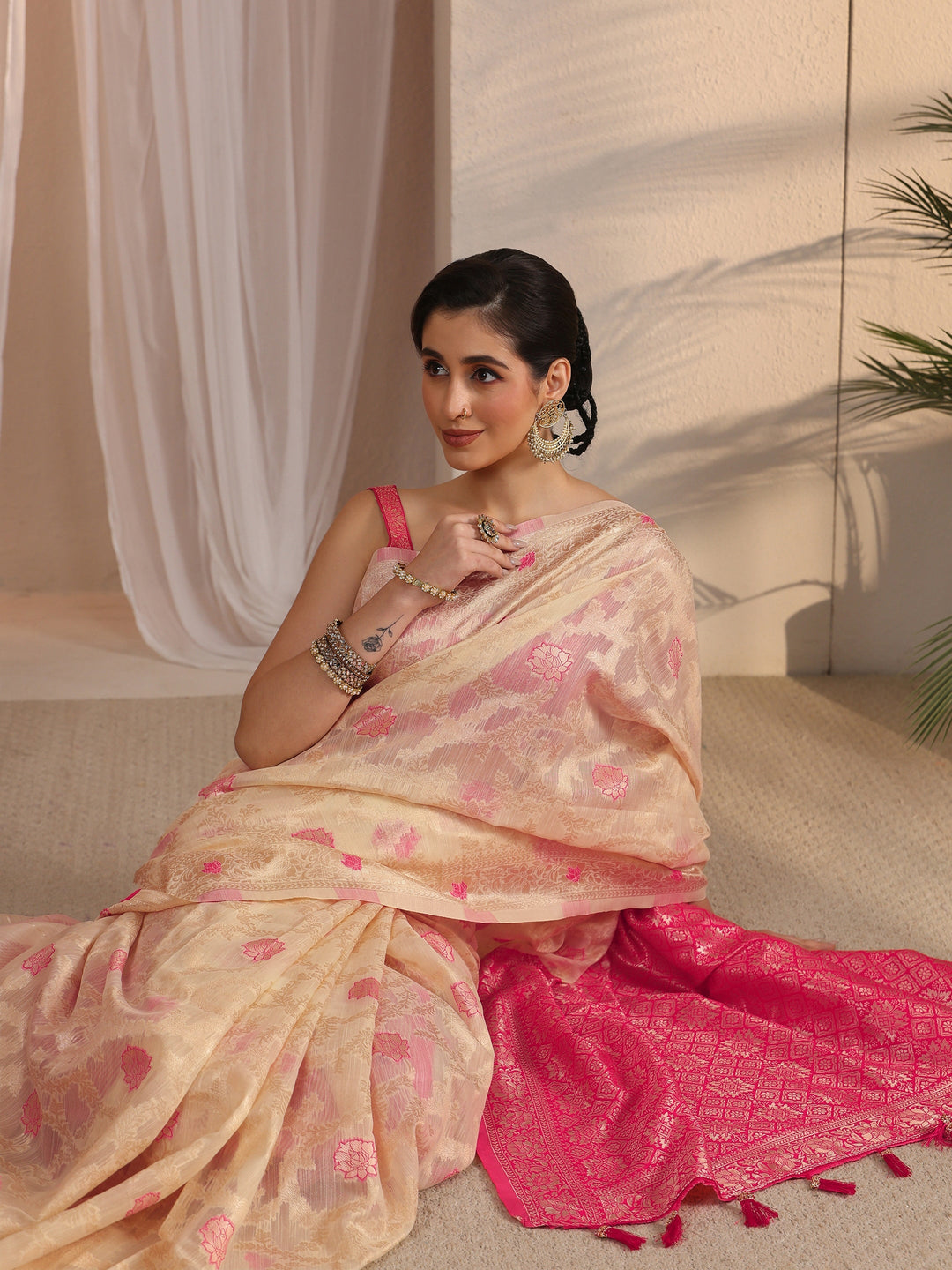  Libas Beige and Pink Floral Woven Design Silk Blend Tassel Saree 