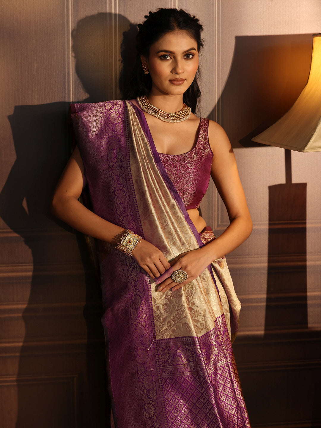 Libas Beige and Purple Banarasi Silk Blend Saree