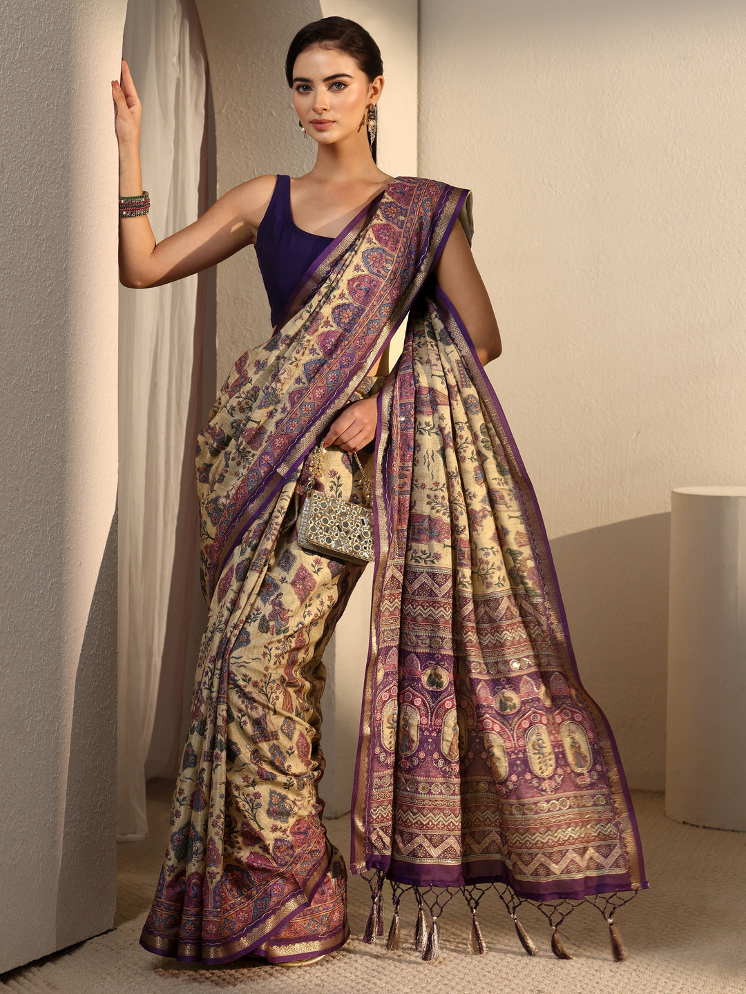 Libas Beige and Purple Ethnic Printed Silk Blend Tassel Saree