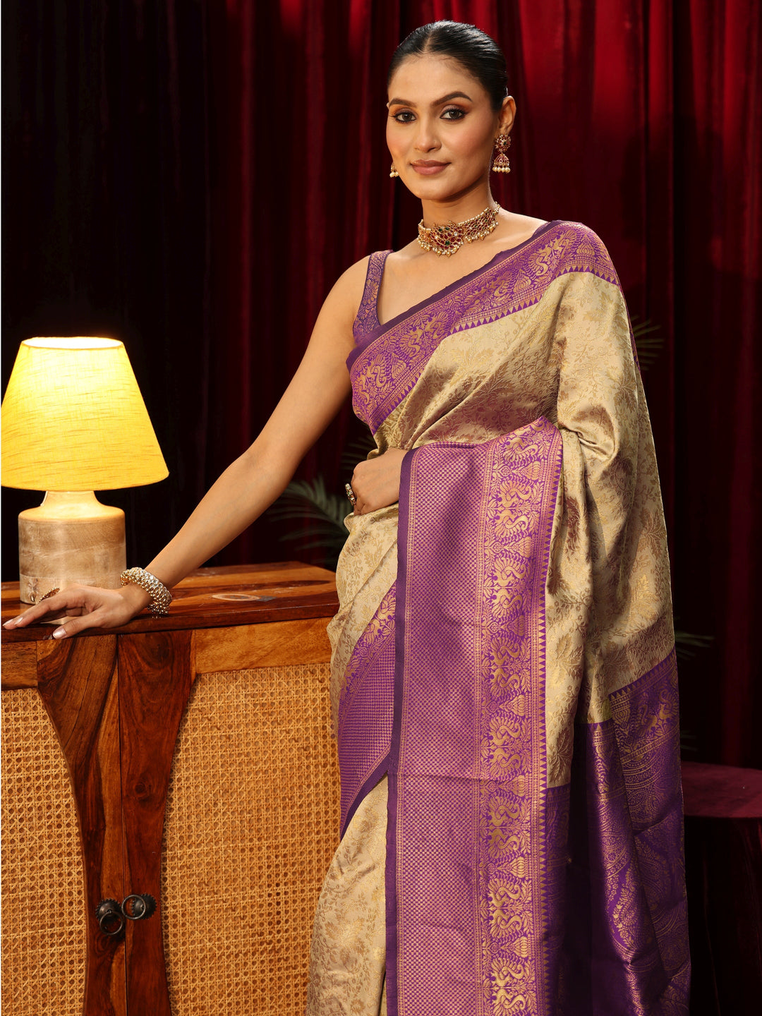 Libas Beige and Purple Floral Woven Design Silk Blend Saree