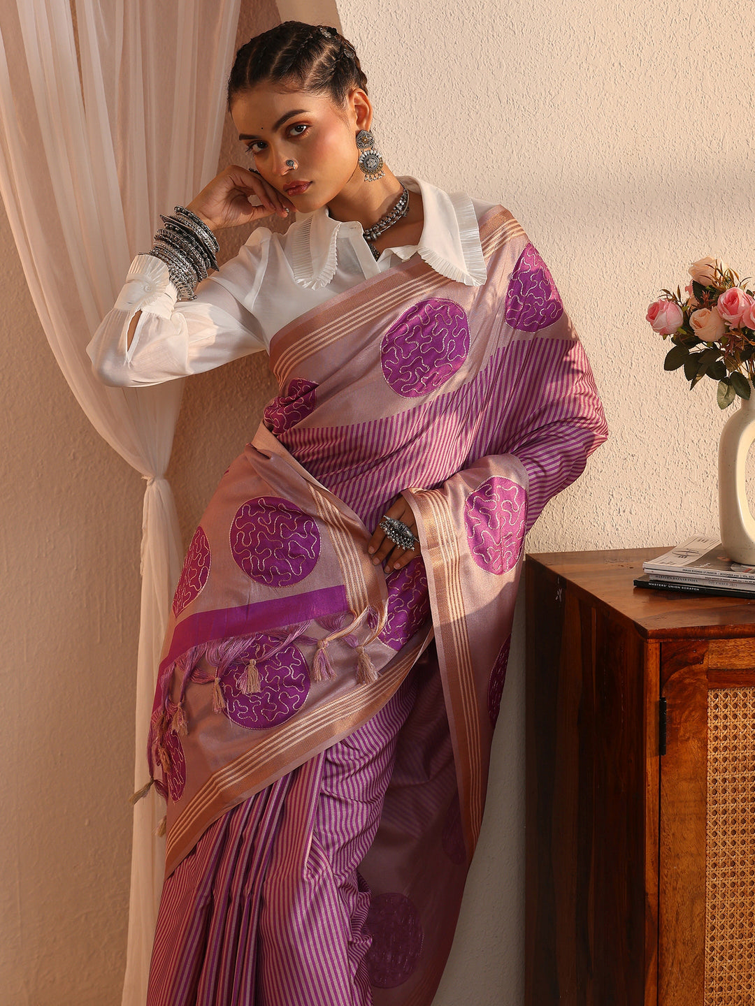  Libas Beige and Purple Striped Printed Silk Blend Tassel Saree 