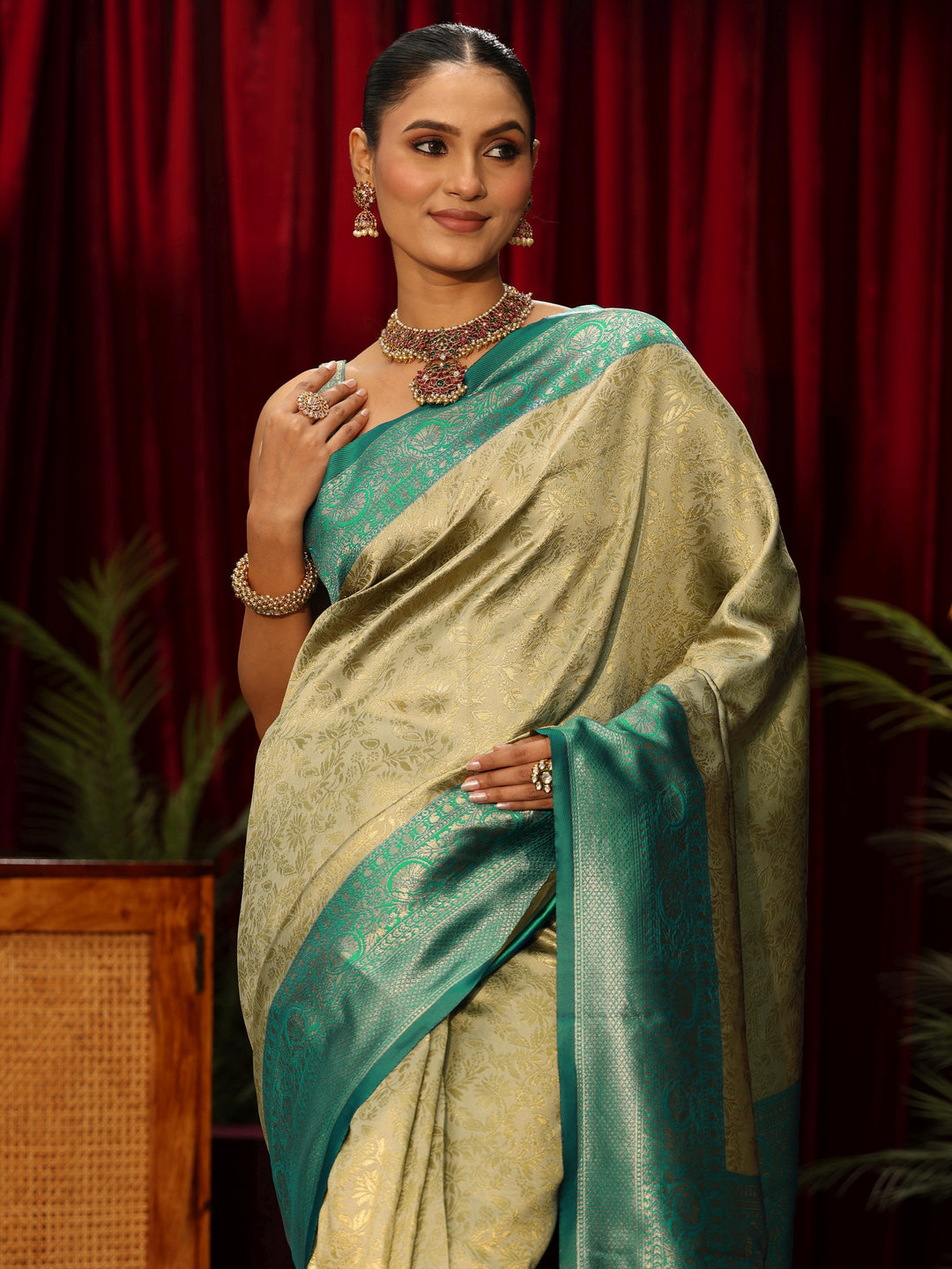 Libas Beige and Sea Green Floral Woven Design Silk Blend Saree