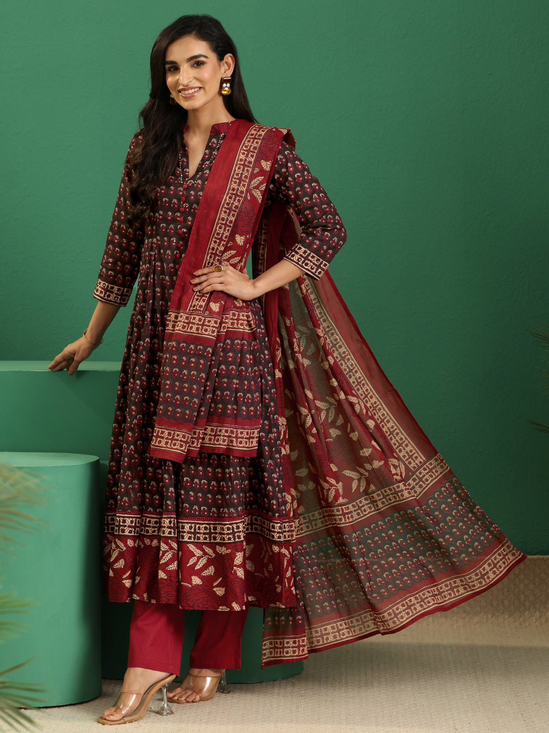 Libas Black Ajrakh Cotton Anarkali Suit Set 