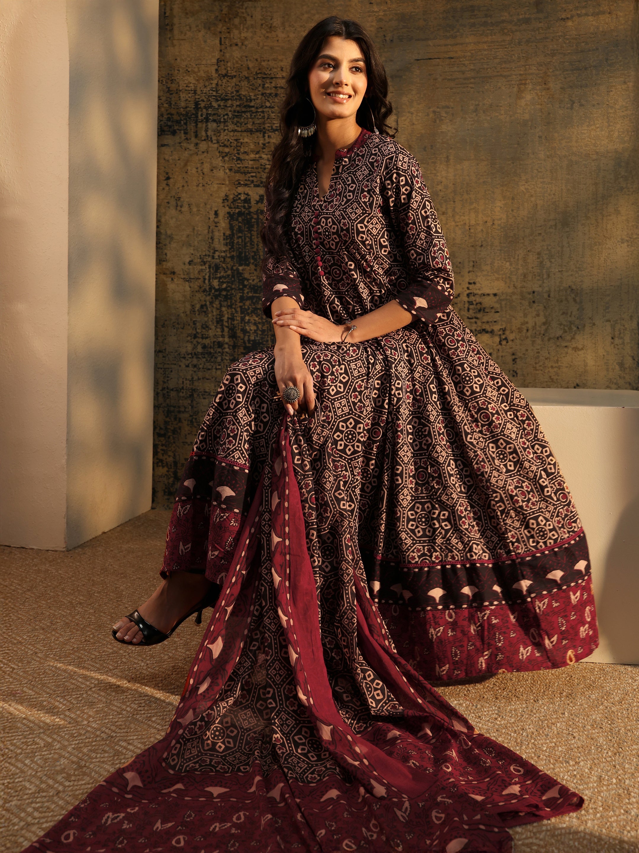 Libas Black Ajrakh Printed Cotton Anarkali Suit Set-picture-24