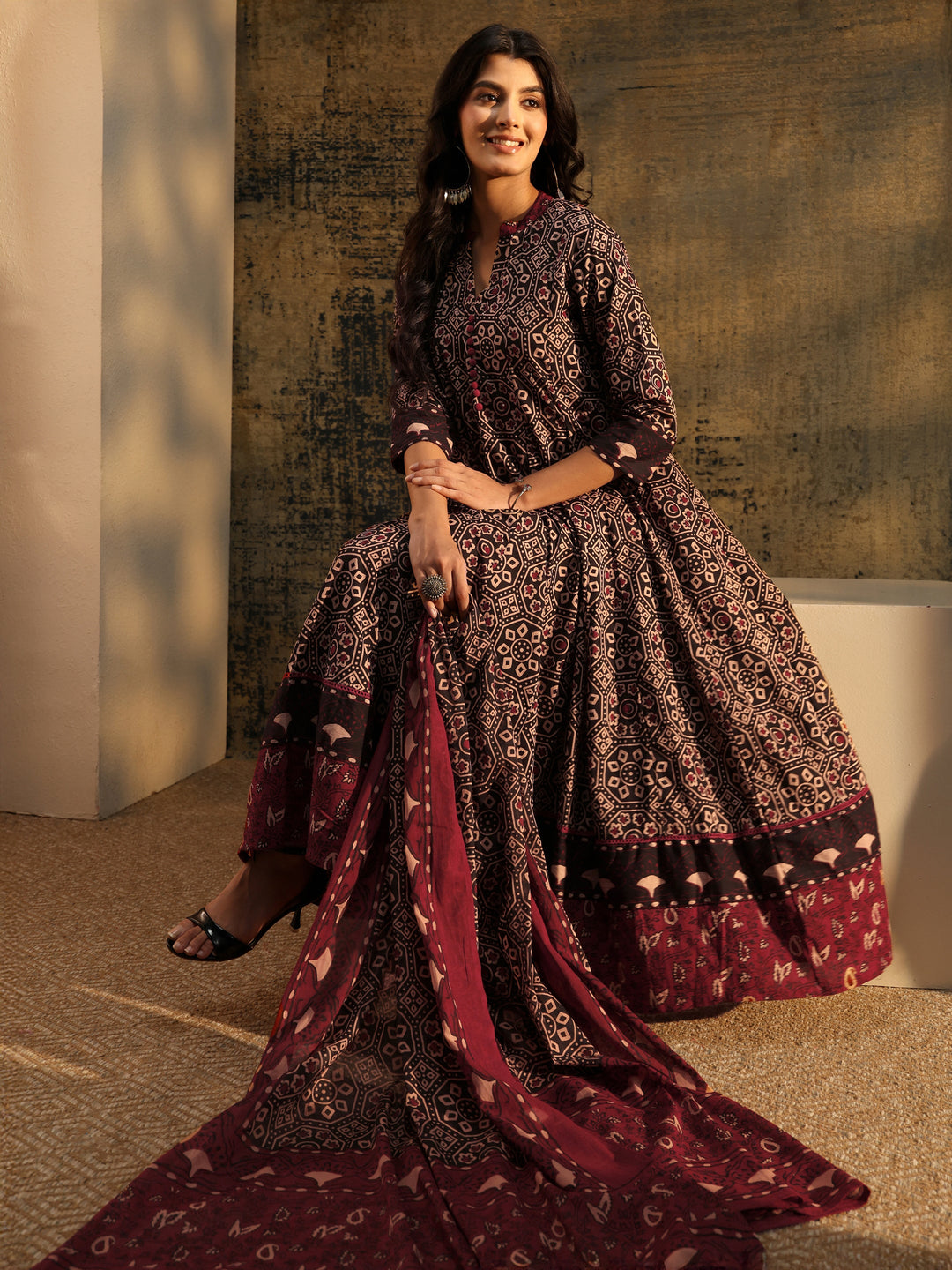  Libas Black Ajrakh Printed Cotton Anarkali Suit Set 
