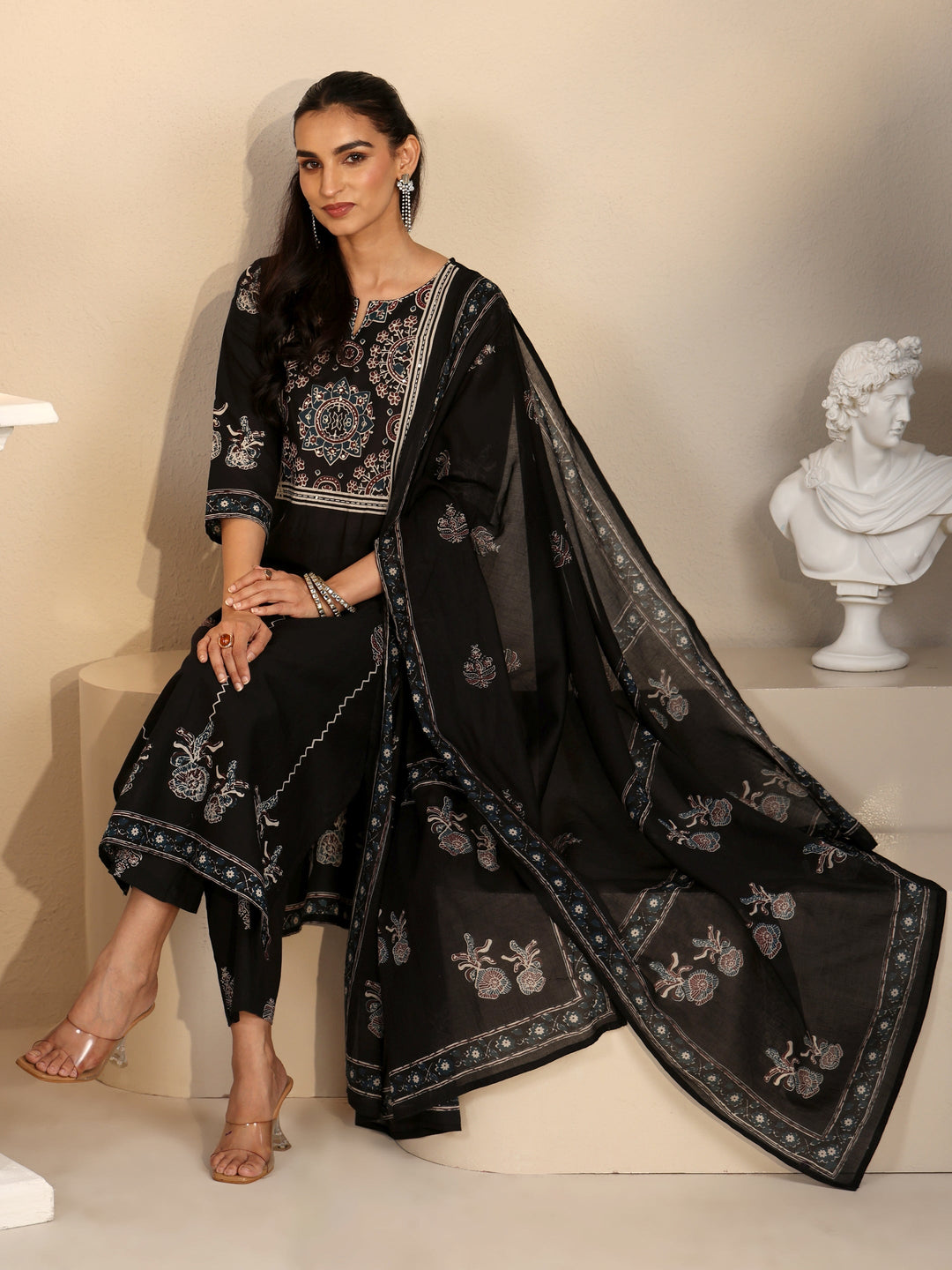  Libas Black Ajrakh Printed Cotton Straight Suit Set 