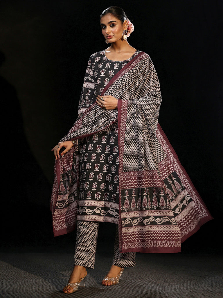 Libas Black Ajrakh Printed Cotton Straight Suit Set