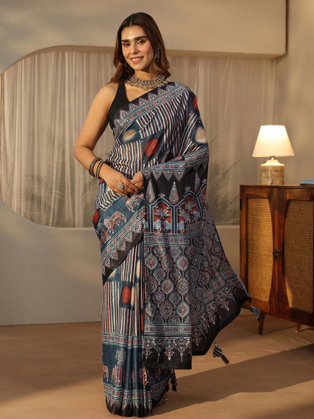  Libas Black Ajrakh Printed Satin Saree 