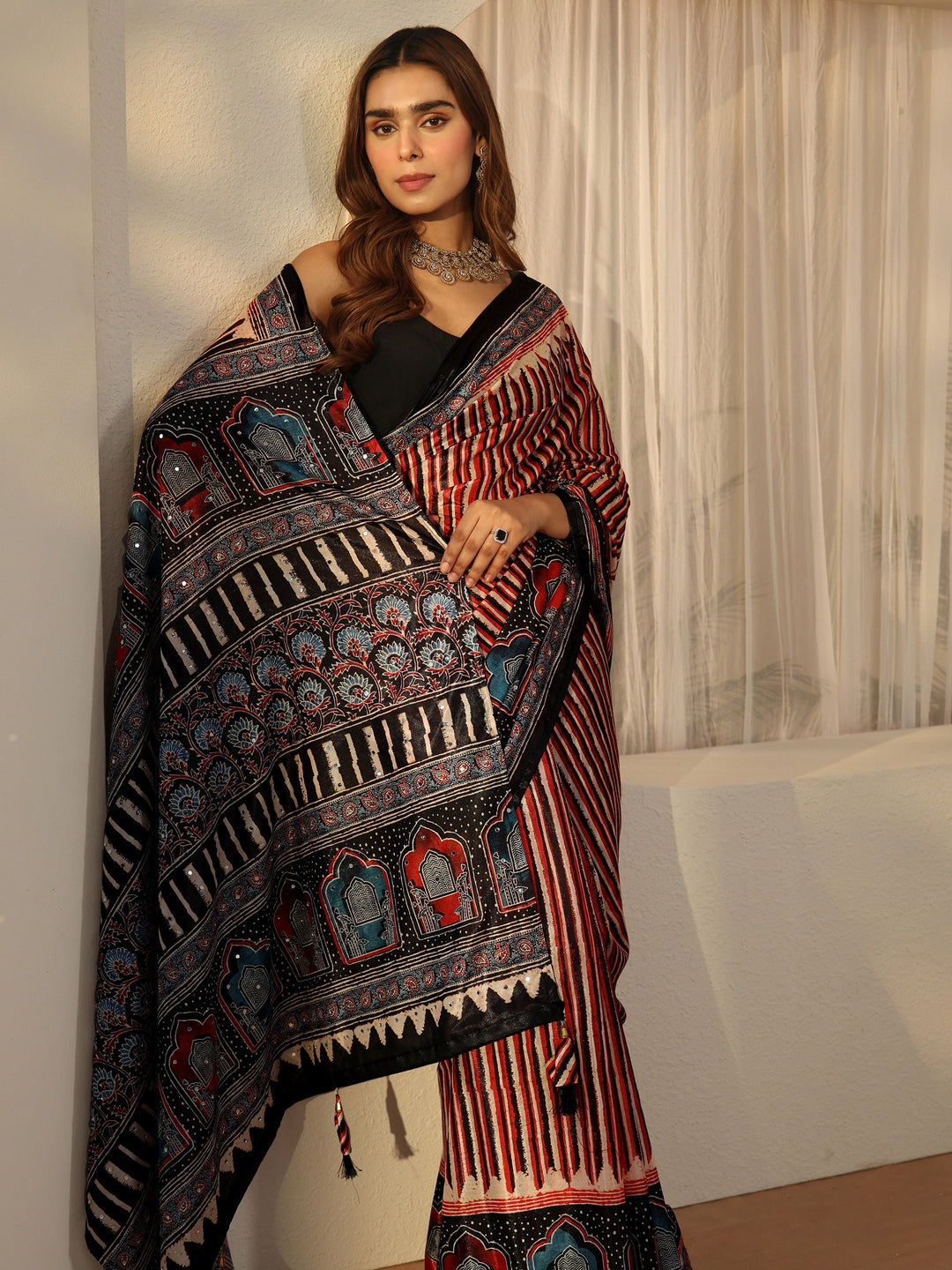  Libas Black Ajrakh Printed Satin Saree 