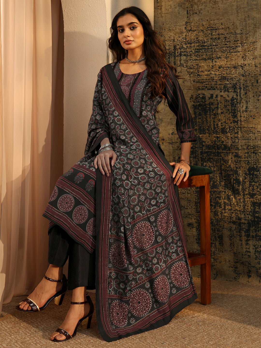  Libas Black Ajrakh Silk Blend Straight Suit Set 