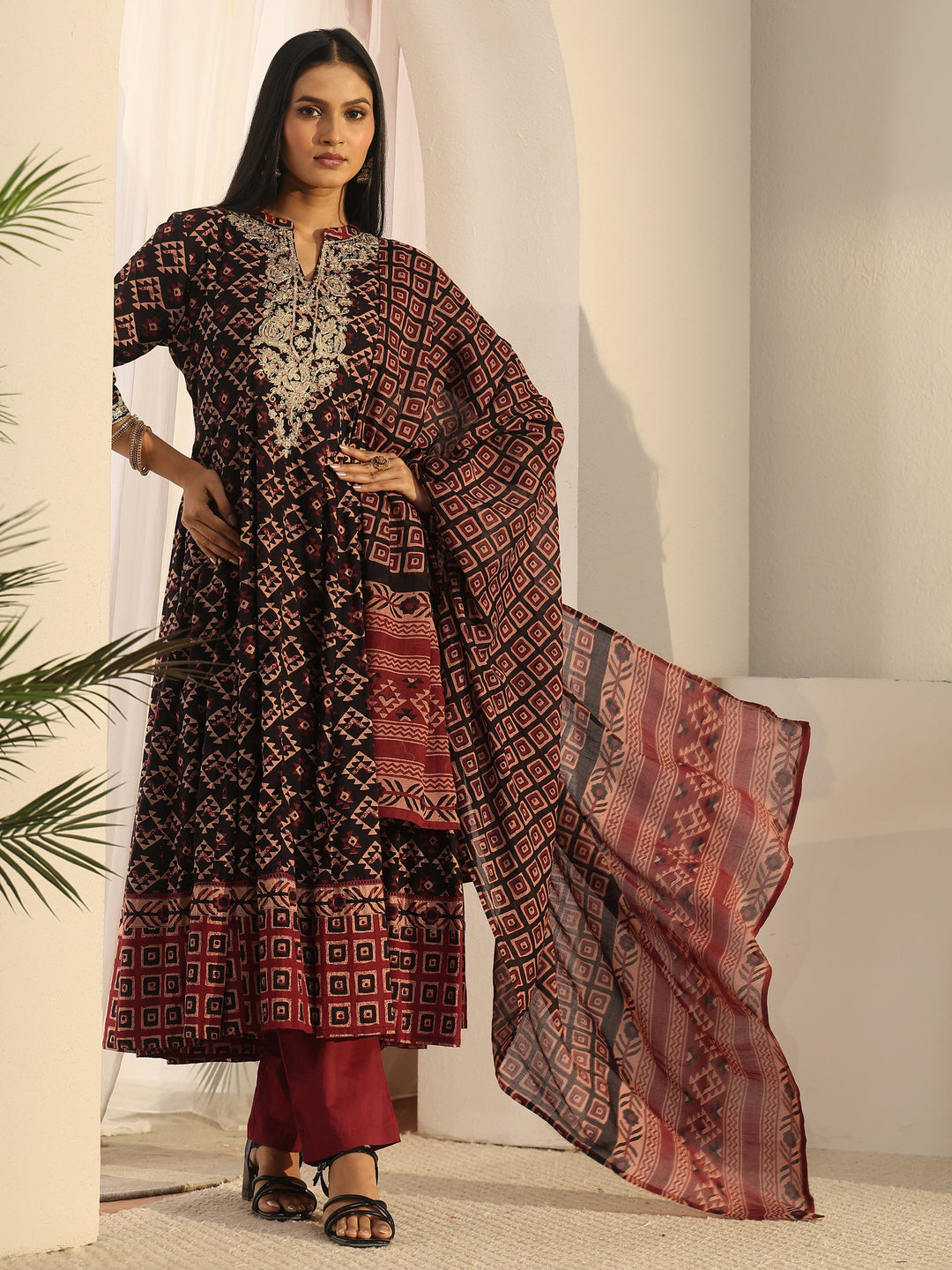 Libas Black Ajrakh Yoke Embroidered Cotton Anarkali Suit Set 