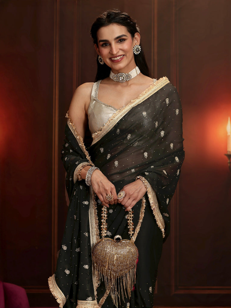 Libas Black Embellished Satin Saree