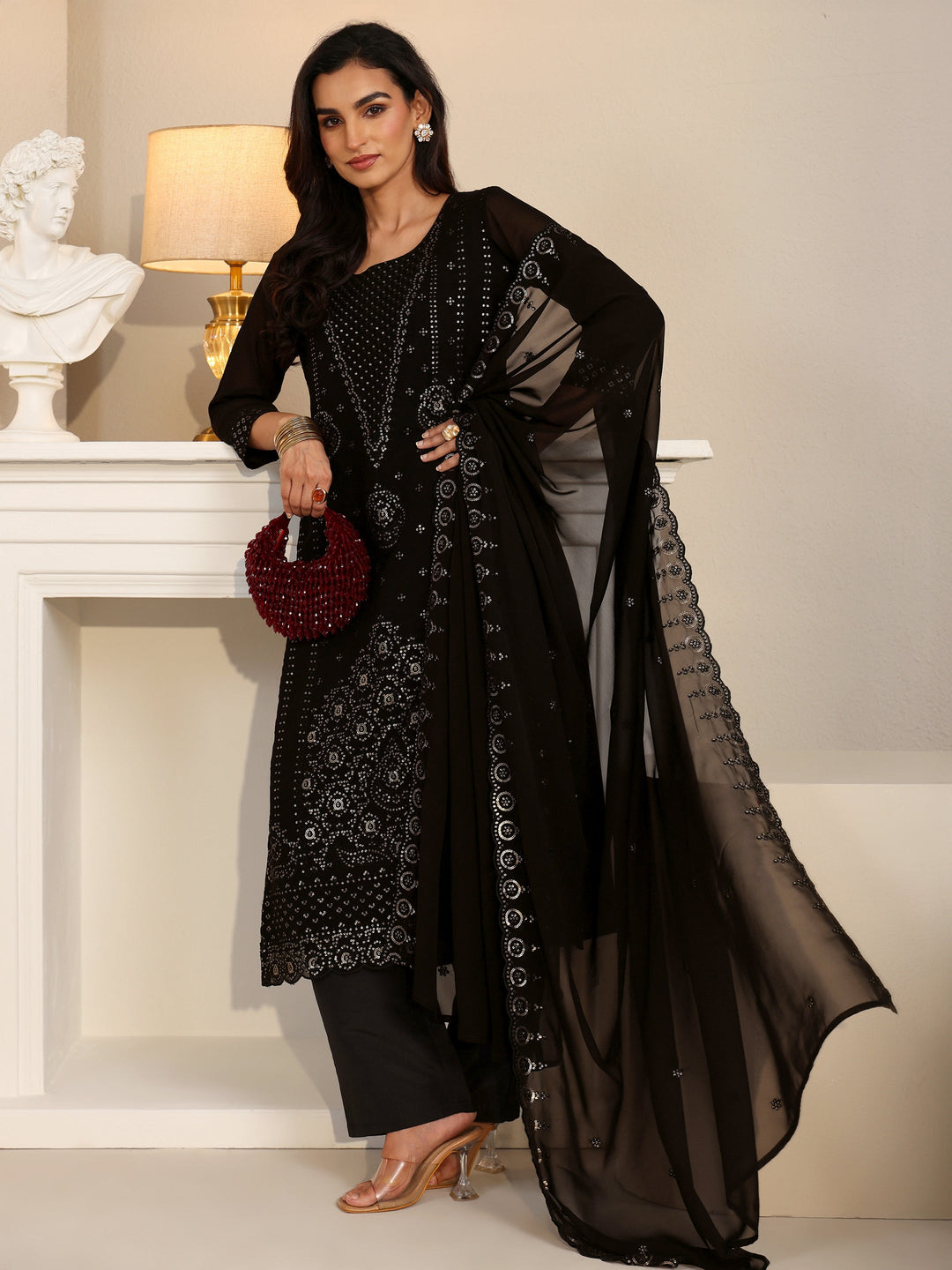  Libas Black Embroidered Georgette Straight Suit Set 
