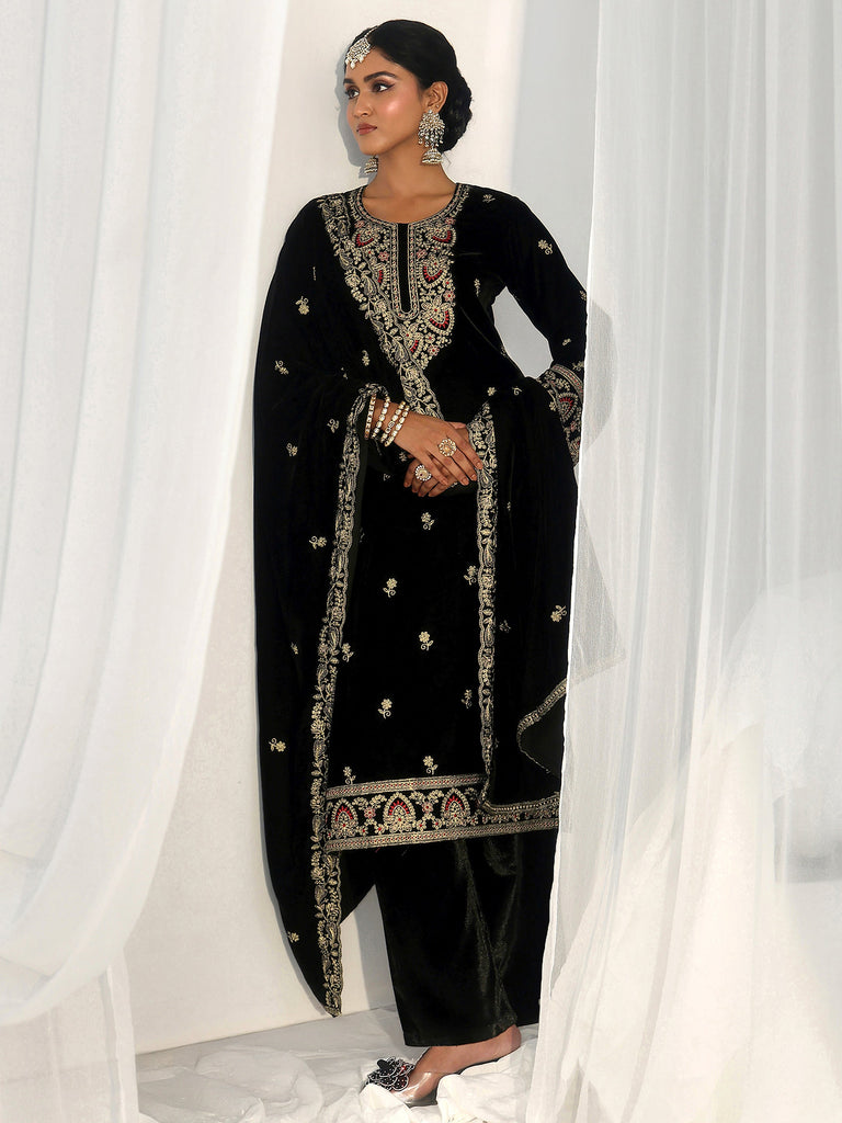Libas Black Ethnic Embroidered Velvet Straight Suit Set
