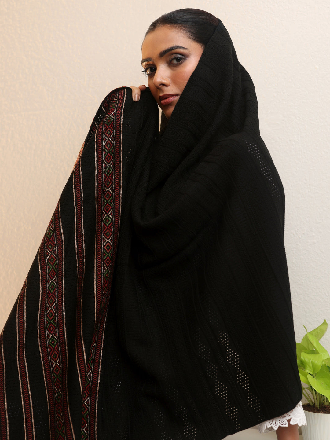  Libas Black Ethnic Knitted Acrylic Wrap Shawl 