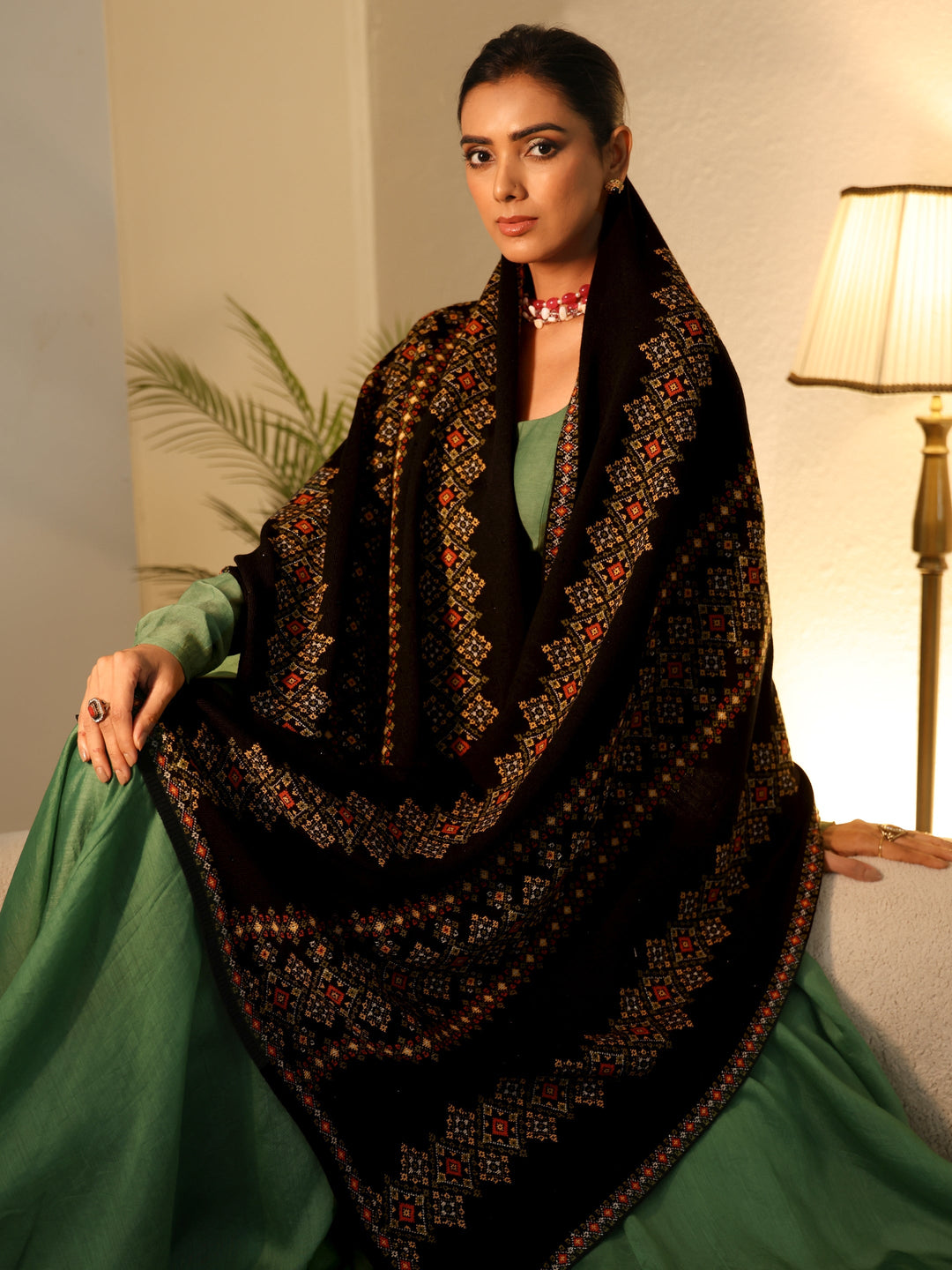  Libas Black Ethnic Knitted Acrylic Wrap Shawl 