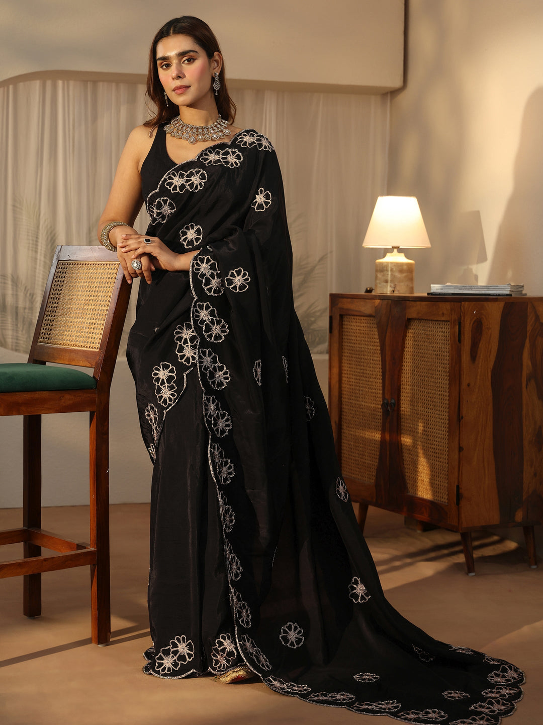  Libas Black Floral Embellished Satin Saree with Scalloped Border 