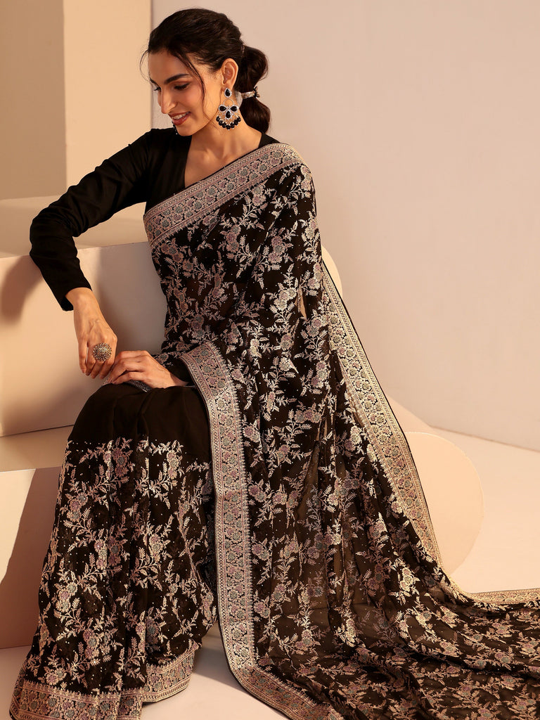 Libas Black Floral Embroidered Georgette Saree
