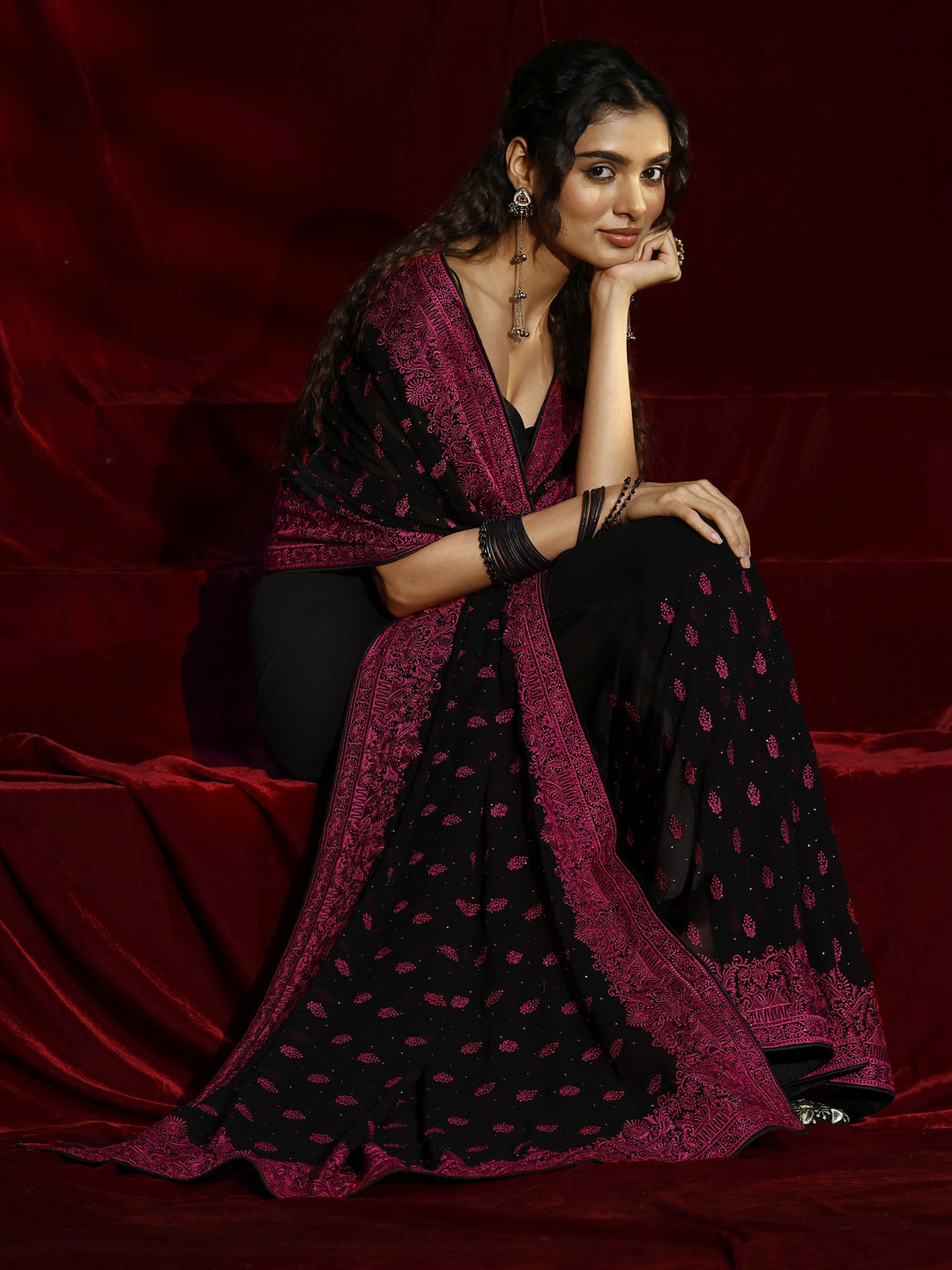  Libas Black Floral Embroidered Georgette Saree 