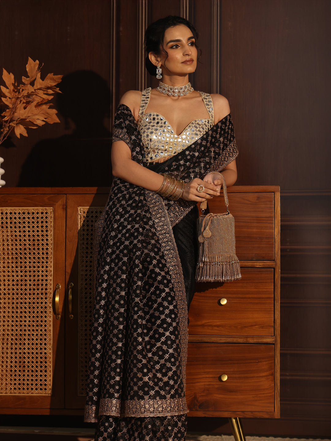  Libas Black Floral Embroidered Net Saree 