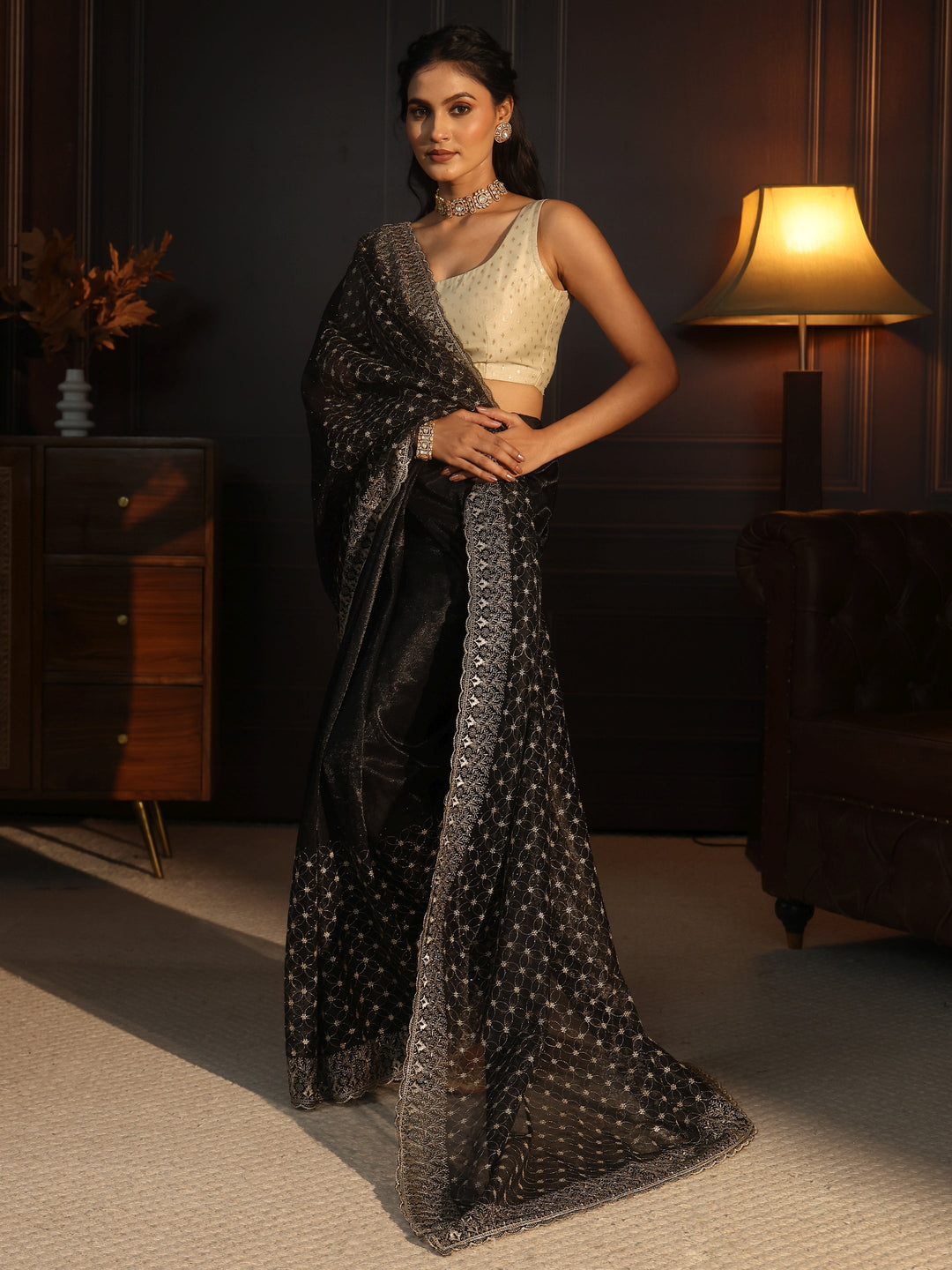 Libas Black Floral Embroidered Net Saree