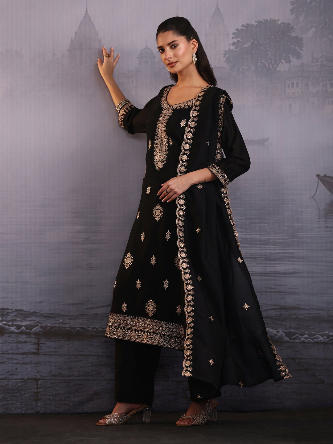 Libas Black Floral Embroidered Silk Blend Straight Suit Set