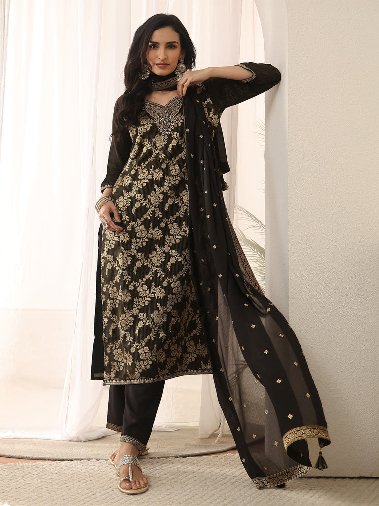 Libas Black Floral Embroidered Silk Blend Straight Suit Set