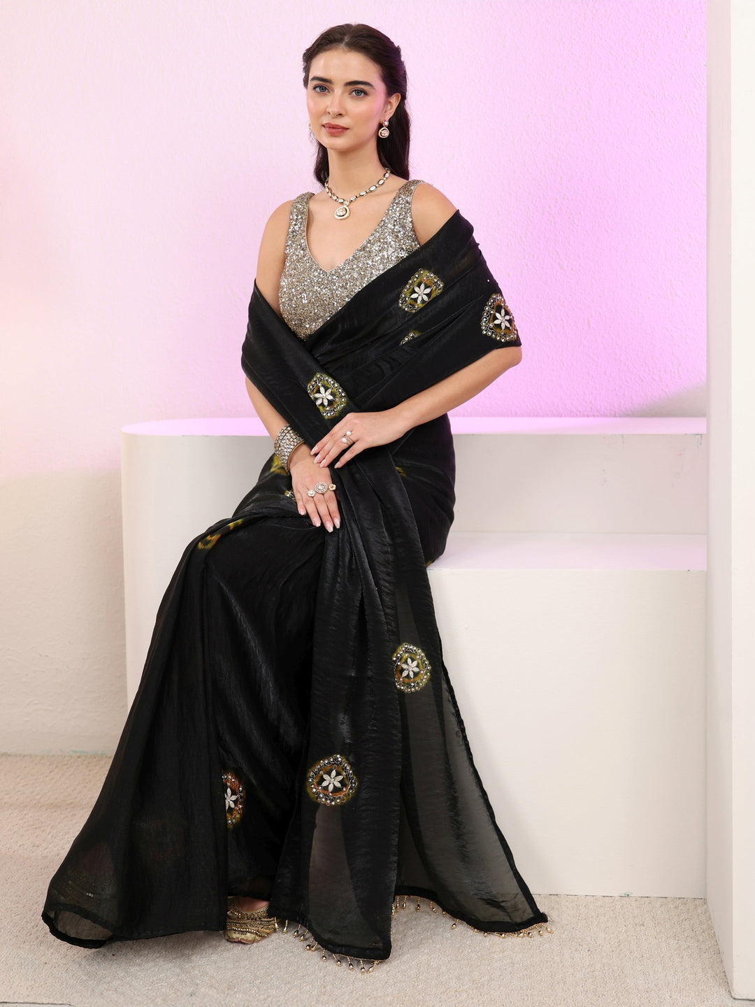  Libas Black Floral Embroidered Tissue Saree 
